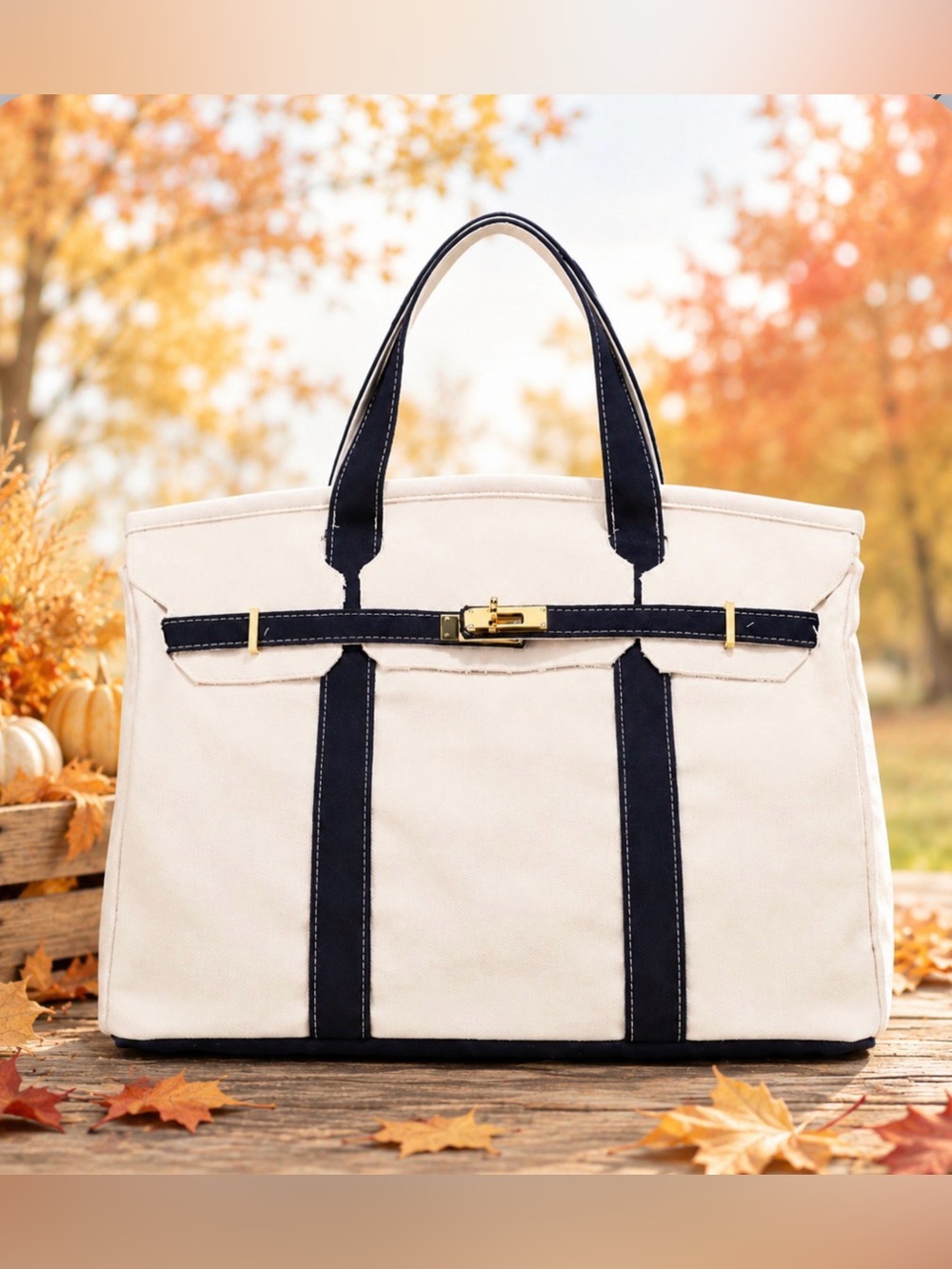 White Canvas Tote with Navy Trim
